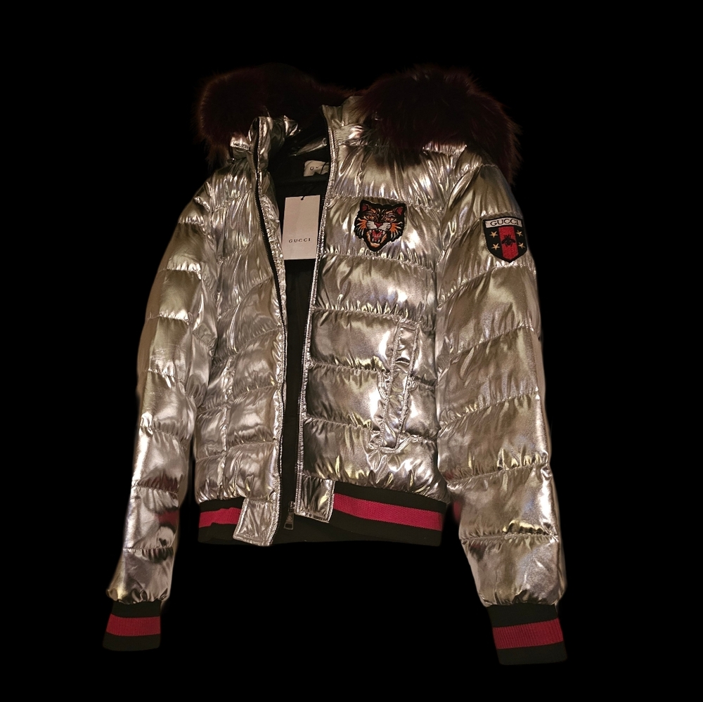 Gucci Silver Metallic Jacket with Fur Trim